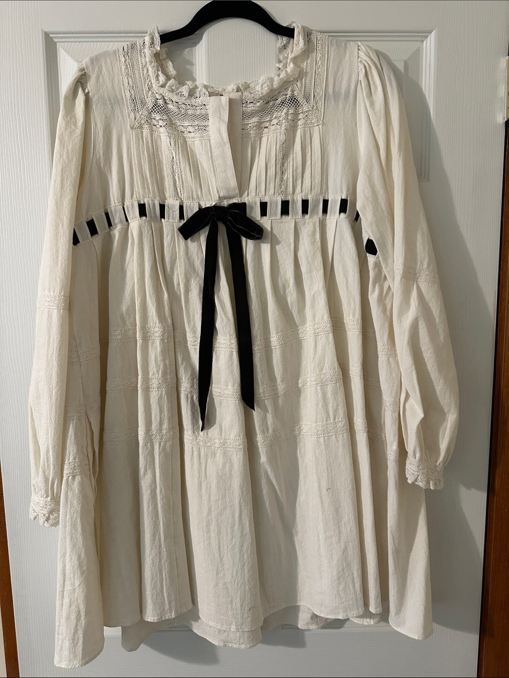 Ivory Peasant Dress with Brown Velvet Ribbon
